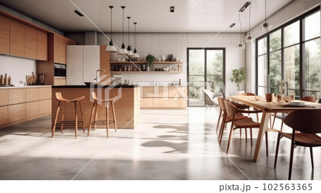 Large bright living room with a kitchen, marble elements, a large number of chairs, large windows, a view of the garden from the windows. Large bright living room with a kitchen, marble elements, a large number of chairs, large windows, a view of the garden from the windows. 102563365
