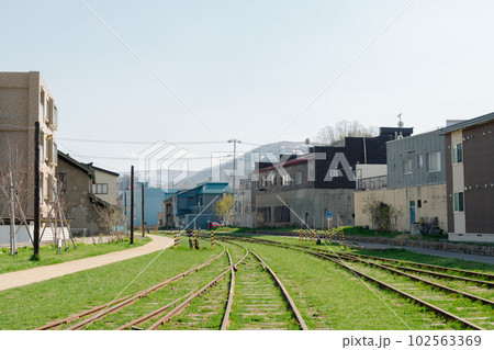 Temiya Line railroad in Otaru, Hokkaido, Japan 102563369