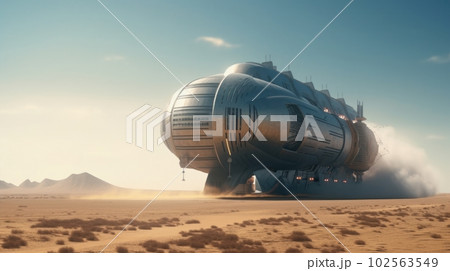 A futuristic metal all-terrain vehicle in the desert on the surface of an alien planet. Space research and exploration of distant worlds. 102563549