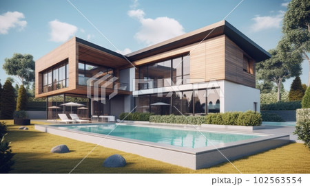 Modern stylish home with a minimalistic design, a spacious terrace and a swimming pool in the foreground. Modern minimalistic architecture. 102563554
