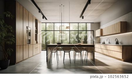 Spacious comfortable kitchen in white, gray and beige with large floor to ceiling windows. Dining table and chairs in the center. Modern kitchen style minimalism and loft. Spacious comfortable kitchen in white, gray and beige with large floor to ceiling windows. Dining table and chairs in the center. Modern kitchen style minimalism and loft. 102563652
