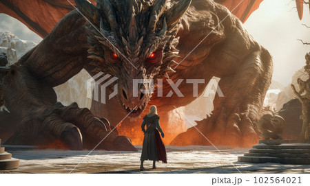 A fearless white-haired woman confronts a colossal dragon in a dramatic and dangerous setting AI generated. 102564021