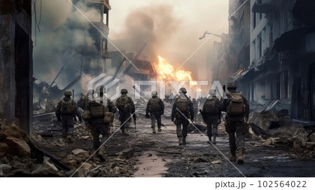 A group of military personnel walks through a destroyed city, wearing camouflage uniforms. The scene depicts a post-apocalyptic world where war has ravaged the urban landscape AI generated. 102564022