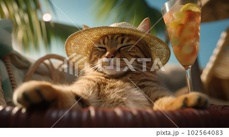 A cute cat wearing a straw hat is lounging on a hammock on the beach, with a delicious cocktail by its side. AI Generated. A cute cat wearing a straw hat is lounging on a hammock on the beach, with a delicious cocktail by its side. AI Generated. 102564083