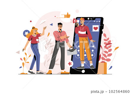 Influencer with speaker and social media signs 102564860