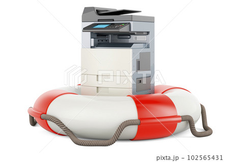 Office multifunction printer MFP inside lifebelt. 3D rendering Office multifunction printer MFP inside lifebelt. 3D rendering 102565431