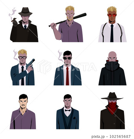 Man with gun secret agent avatar character mascot illustration vector set 102565687