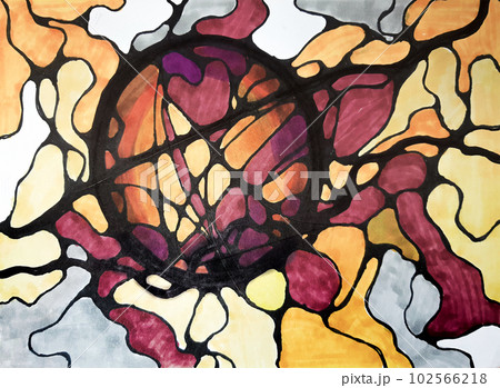 Neurographic drawing, relaxation for body and brain. Mental health of soul and body, neurolines, neural connections. psychological technique, psychology. Black marker pen on a multicolored drawing. 102566218