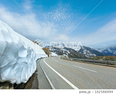 Summer mountain landscape with road, Grimsel Pass, Switzerland. Summer mountain landscape with road, Grimsel Pass, Switzerland. 102566994