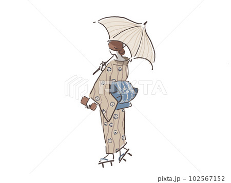 日傘を持って歩く着物姿の女性（背景白） 102567152