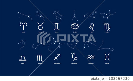 Set of 12 zodiac signs with constellations, beautiful modern astrology banner with blue background, astronomy and esoteric, horoscope vintage vector illustration. Set of 12 zodiac signs with constellations, beautiful modern astrology banner with blue background, astronomy and esoteric, horoscope vintage vector illustration. 102567336
