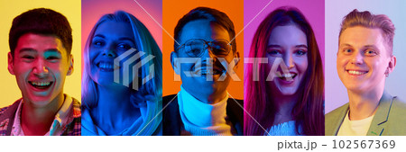 Collage made of portraits of young people, men and women smiling over multicolored background in neon. Happiness 102567369