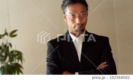 髭を生やした眼鏡着用のクールなシニア男性 102569085