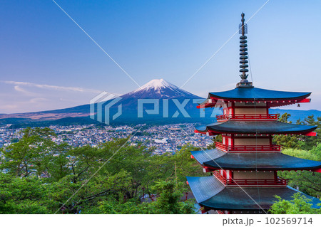 （山梨県）日本の美・新緑の新倉山浅間公園から望む富士山　早朝 102569714