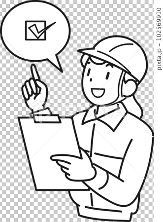 Upper body of a woman in work clothes pointing with a binder in one hand 102569910