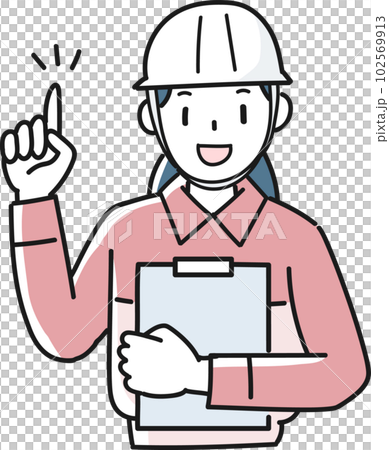 Upper body of a woman in work clothes pointing with a binder in one hand 102569913