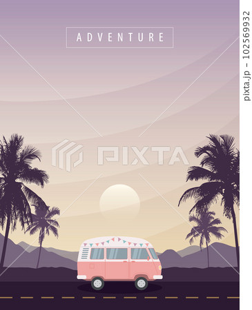 summer paradise road trip with camper van at sunset on tropical palm landscape summer paradise road trip with camper van at sunset on tropical palm landscape 102569932