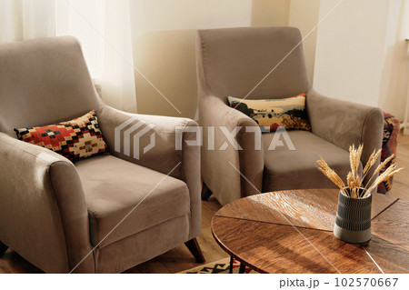two classic armchairs upholsered with grey velvet. sunlit interior of modern house decorated with ethno pillows. living room under sunlight. two classic armchairs upholsered with grey velvet. sunlit interior of modern house decorated with ethno pillows. living room under sunlight. 102570667