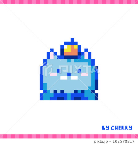 Pixel art cat. 90s 8bit style illustration of blue kitten or cat with orange on his head. Cute 8 bit geek animal pet sticker or game element. Pixel art cat. 90s 8bit style illustration of blue kitten or cat with orange on his head. Cute 8 bit geek animal pet sticker or game element. 102570817