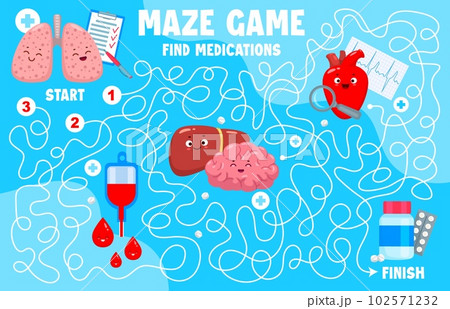 Labyrinth maze game. Cartoon body organ characters. Kids labyrinth riddle, search path vector quiz worksheet or find way child puzzle with lungs, heart, brain and blood drops happy smiling personages 102571232