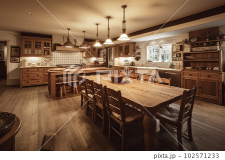 Cozy country-style kitchen with wooden furniture, dining area, table and chairs. American classic, modern style. 102571233