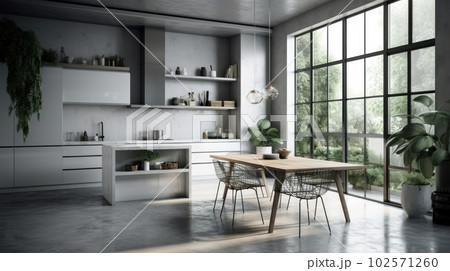 Modern spacious bright kitchen with dining area, table and chairs. Minimalistic design, free space, large panoramic windows with stunning views of the garden. The concept of a modern comfortable home. 102571260