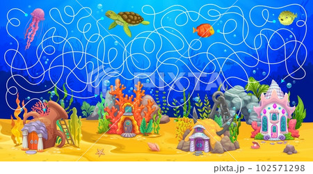 Labyrinth maze game. Cartoon underwater landscape and sea house buildings. Search path child puzzle, find way vector worksheet or kids maze riddle with funny jellyfish, turtle, fish and fantasy houses 102571298