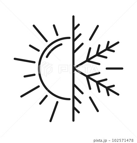 Two sided summer and winter mattress with memory line icon. Change side of orthopedic pad sign. Breathable sleep bed symbol, sun and snowflake sign 102571478