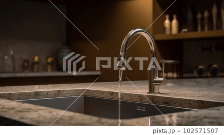 Close-up of a kitchen water faucet with a sink on a marble finished countertop. Modern kitchen interior design. Close-up of a kitchen water faucet with a sink on a marble finished countertop. Modern kitchen interior design. 102571507