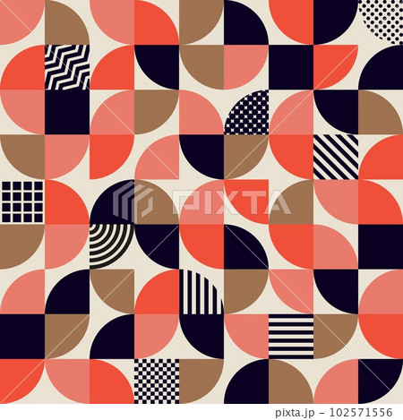 Modern geometric pattern. Bauhaus or scandinavian grid background. Abstract vector geometry minimalistic simple round segments and square shapes in red, pink, black, brown and white palette colors 102571556