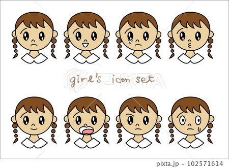 おさげの女の子のいろいろな表情のアイコンセット 102571614