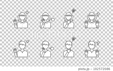 ネガティブな感情の女の子と男の子のイラスト。シンプルな線画のアイコンセット。 102572086