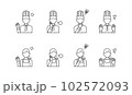 ネガティブな感情のシェフとエプロン姿の女性のイラスト。シンプルな線画のアイコンセット。 102572093