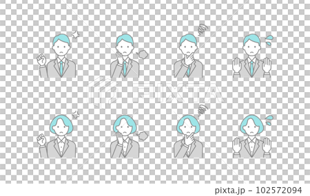 ネガティブな感情のビジネスパーソンのイラスト。シンプルな線画のアイコンセット。 102572094