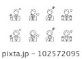 ネガティブな感情のビジネスパーソンのイラスト。シンプルな線画のアイコンセット。 102572095
