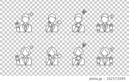 ネガティブな感情のビジネスパーソンのイラスト。シンプルな線画のアイコンセット。 102572095