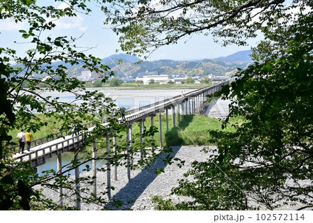 島田市　大井川に架かる蓬莱橋全景（南岸から北岸方向） 102572114