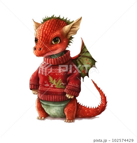 Fantasy cute dragon with christmas sweater, great design watercolor White color background. New Year 2024 Vector art illustration. Cartoon dragon Fantasy cute dragon with christmas sweater, great design watercolor White color background. New Year 2024 Vector art illustration. Cartoon dragon 102574429
