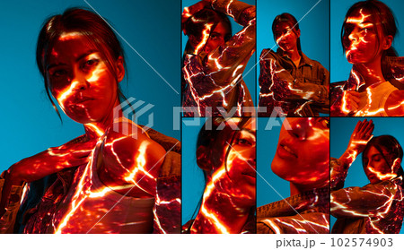 Collage with female portraits in futuristic style with young woman with digital neon filter lights on clothes over dark blue background Collage with female portraits in futuristic style with young woman with digital neon filter lights on clothes over dark blue background 102574903