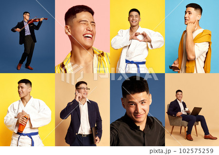 Photo set collage of portraits of emotional young man in diverse fashion style outfits expressing only positive happy emotions 102575259