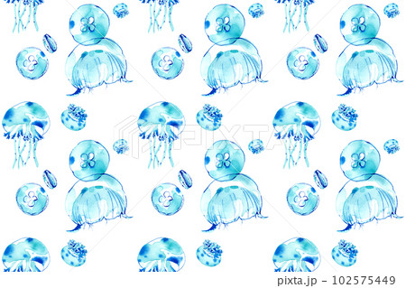 涼しげなクラゲの水彩イラスト。シームレスパターン。 102575449