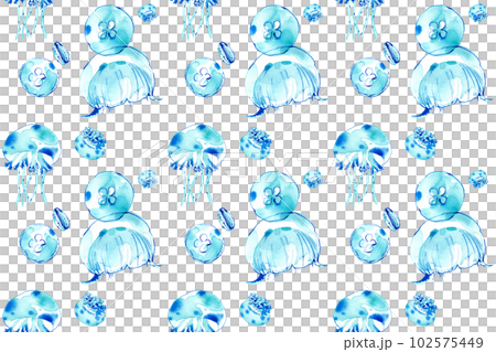 涼しげなクラゲの水彩イラスト。シームレスパターン。 102575449