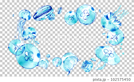 涼しげなクラゲをイメージした水彩イラストによるフレーム装飾。水中イメージ。 102575450