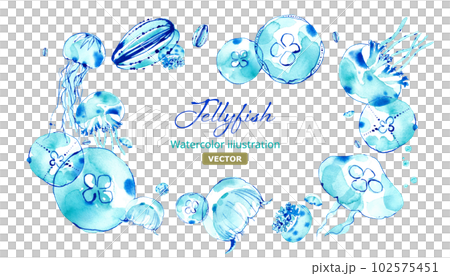 Frame decoration with a watercolor illustration of a cool jellyfish. (Vector. Layout changeable) Frame decoration with a watercolor illustration of a cool jellyfish. (Vector. Layout changeable) 102575451
