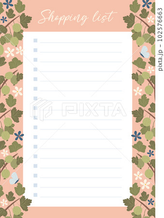 Printable shopping list concept with green gooseberry plant illustration 102576663