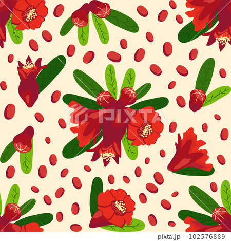 Pomegranate flowers Seamless pattern. Bright leaves and flowers. Shana Tova seamless pattern. Jewish New Year Pomegranate flowers Seamless pattern. Bright leaves and flowers. Shana Tova seamless pattern. Jewish New Year 102576889