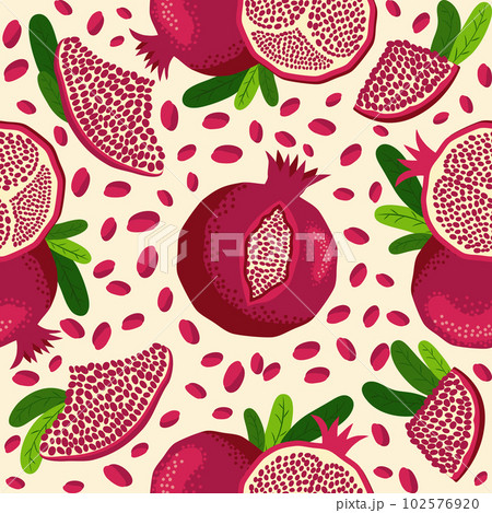 Pomegranate fruit seamless pattern. Bright leaves and fruits, seeds and lobules. Shana Tova seamless pattern Pomegranate fruit seamless pattern. Bright leaves and fruits, seeds and lobules. Shana Tova seamless pattern 102576920
