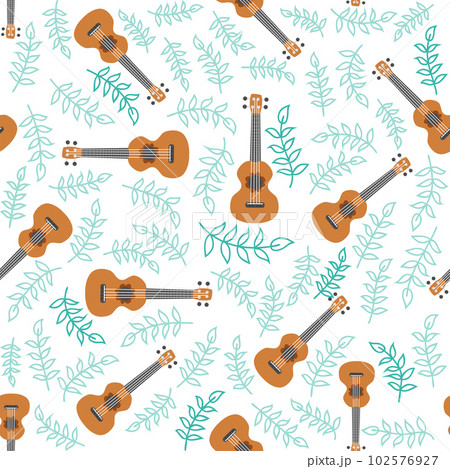 Ukulele seamless pattern, ukulele. Pattern with monstera, leaves, flowers, notes, inscriptions 102576927