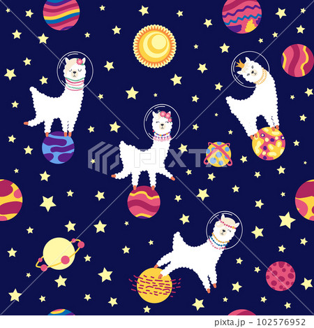Seamless pattern with lama in a rocket, in space. Lama travels, adventures among the stars. Cute pattern with alpaca 102576952