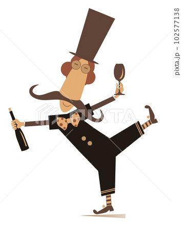 Man in the top hat with bottle of wine and vine glass. Dancing long mustache man in the top hat with bottle of wine and vine glass. Illustration on white background  102577138